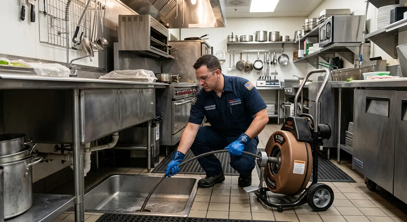 Commercial drain cleaning service in a restaurant kitchen in Malverne