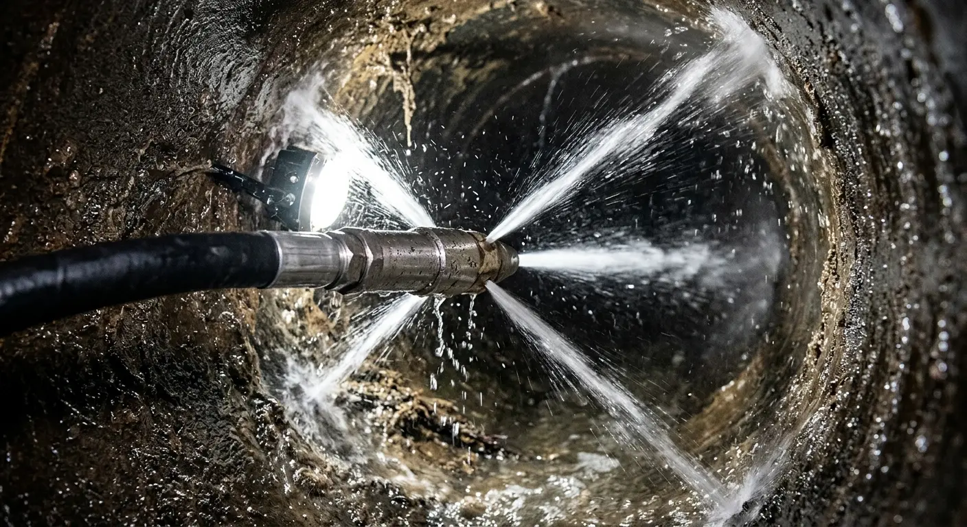 High-pressure hydro jetting nozzle cleaning sewer pipe for Emergency Drain Service in Malverne