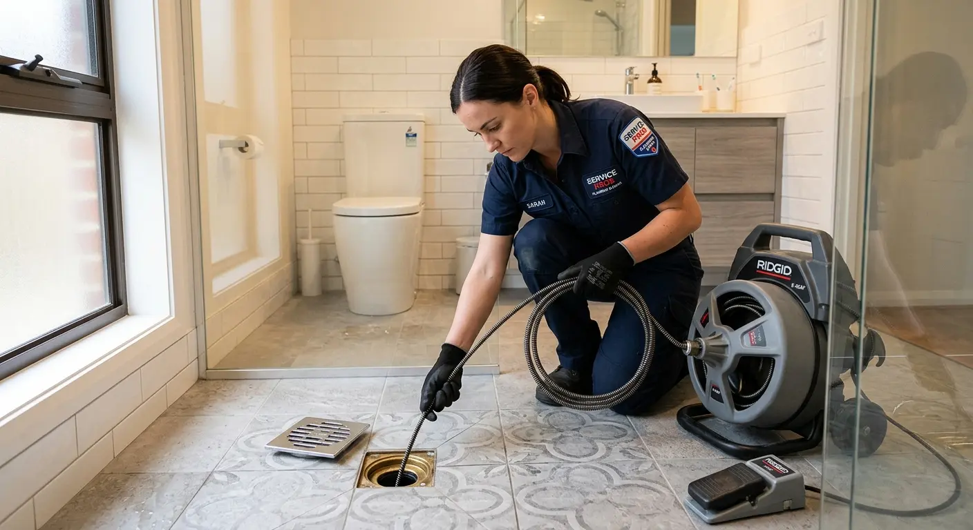 Technician clearing a bathroom floor drain for Sewer Line Installation in Malverne